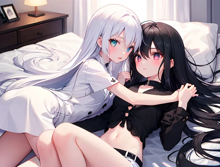 2girls，Girl1：，adolable，white color hair，long whitr hair，girl 2：Black color hair，long whitr hair，Touch each others lower bodies