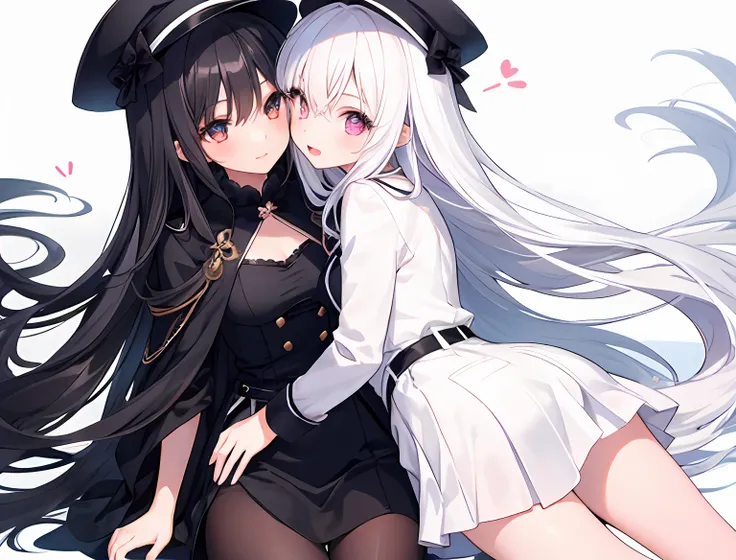 2girls，Girl1：，adolable，white color hair，long whitr hair，girl 2：Black color hair，long whitr hair，Touch each others lower bodies