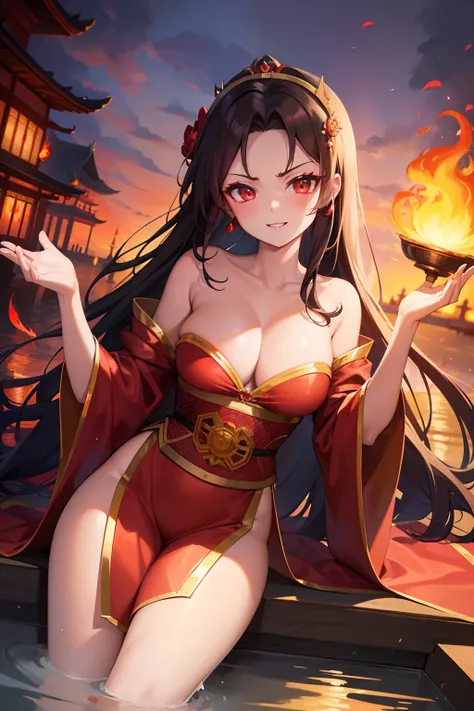 princess azula, evening, sunset, looking at viewer, cleavage, red satin robes, clothed bathing, girl floating above the water, palace, temple, fire, lava, red glowing, smug face