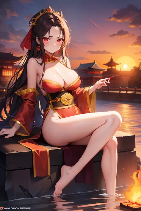 princess azula, evening, sunset, looking at viewer, cleavage, red satin robes, clothed bathing, girl floating above the water, palace, temple, fire, lava, red glowing, smug face (NSFW)