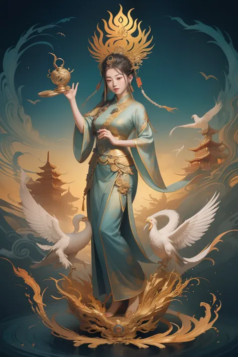 an ancient Chinese goddess, guanyin of the southern seas, Guanyin, Inspired by China, Avalokiteshvara rides a phoenix，,Serene expression,shui mo hua,Buddha,Buddhist,Lotus,Chinese painting style,Thangka style