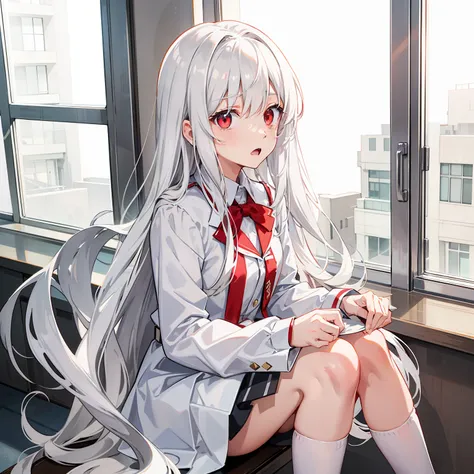 silver-white long hair，Light red eyes，Off-white school uniform，The surprised expression did not open his mouth，Sitting in the school cafeteria