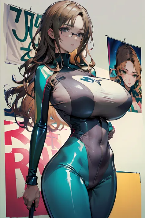 Ultra-realistic 8K CG，Flawless face，flawless perfection，，full bodyesbian，One-piece tights，Conjoinment，Light green latex set，Standing on the ground，poster for，huge tit，Huge breasts，A sagging breast，long leges，Slim，being thin，tightsuit，drooping chest，