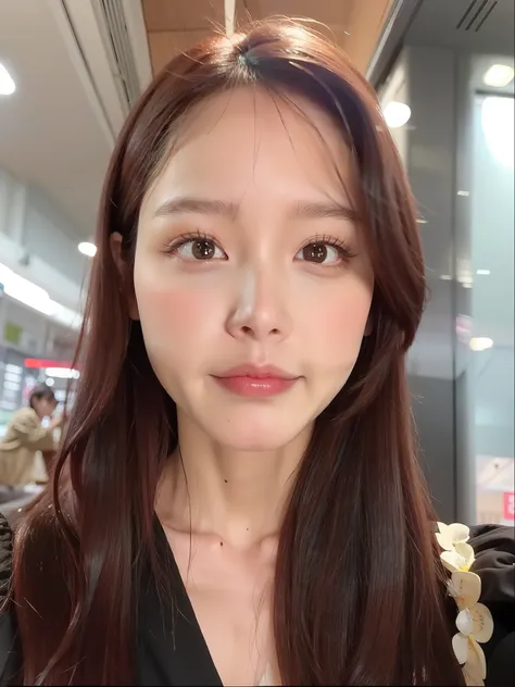 Arad woman with long brown hair and black blouse, south east asian with round face, Korean symmetrical face, young lovely Korean faces, Choi Hyun-hwa, 2 7 years old, 2 8 years old, with round face, 2 9 years old, Korean face features, jaeyeon nam, young cu...