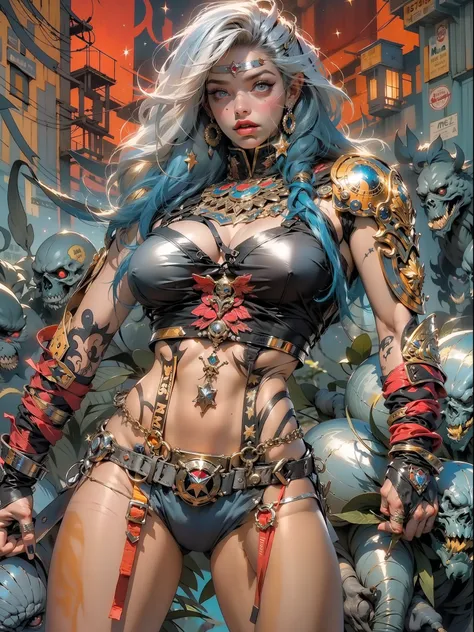 (((mulher))), (((melhor qualidade))), (((obra prima))), (((adulta))), Uma guerreira mulher de 35 anos com corpo perfeito, Brooklyn Gladiators, (( under boobs )), quase nua no estilo selvagem urbano de Simon Bisley para a capa da revista Heavy Metal, cabelo...