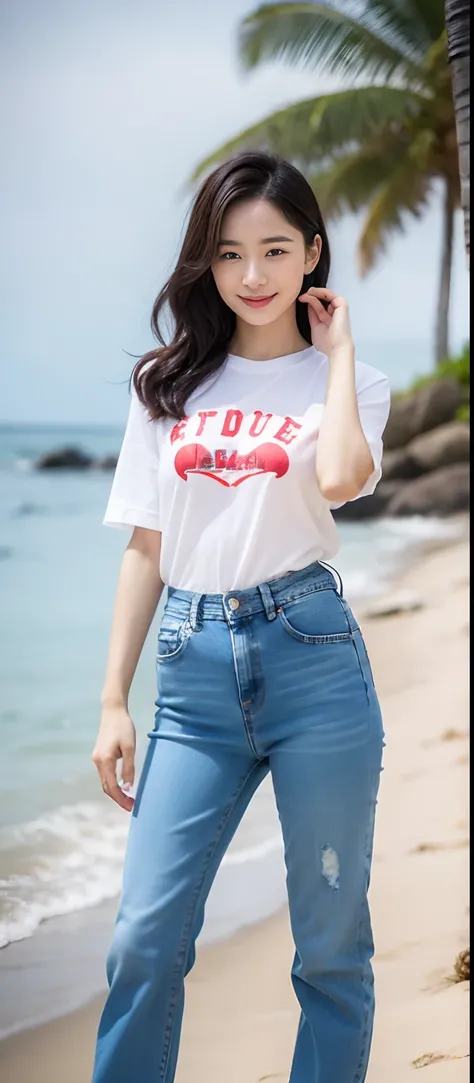 A woman in jeans standing on the beach，Dancing sexy，Full body shooting:1.8（RAW photogr，超高分辨率，tmasterpiece，best qualtiy：1.4），Complicated details， 20 years old Korean girl，Wear a stylish t-shirt and stylish jeans，detailed outfits，Detailed beach，A sweet smile...