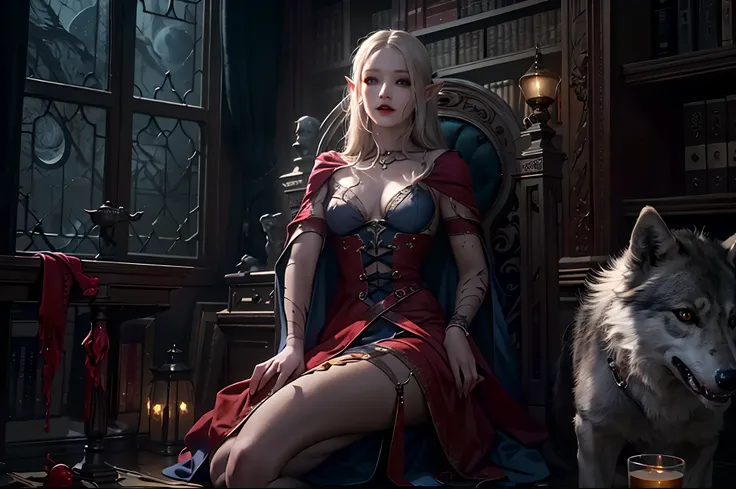 a picture of vampire elf in her castle and her pet wolf, an exquisite beautiful female elf vampire in her library, full body (ultra detailed, Masterpiece, best quality), ultra detailed face (ultra detailed, Masterpiece, best quality), grey skin, blond hai...