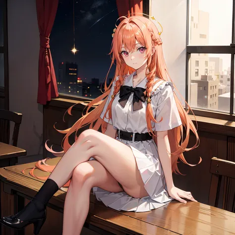 Long light orange hair，Pink eyes，hair adornments，White lining，black cloaths，a black pleated skirt，Amused，Outside the classroom is the starry sky，sitting in classroom