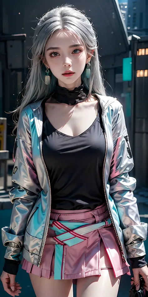 (masutepiece, Best Quality, Night:1.4), (Cowboy Shot, Silver hair:1.9), 8K, absurderes, Beautiful Girl, (wearable computer:1.4), Cyberpunk, Cybergoth, (cyberpunkoutfit, fluorescence pink accent, glowing pink lines on short jacket:1.5), neons, bracelets and...