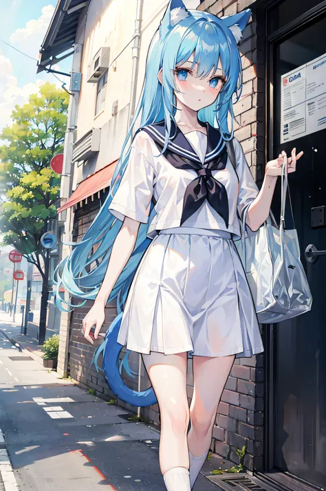 masutepiece,Best quality,ultra - detailed,Two hands,Two legs,Five fingers,best faces,1 girl,light blue long hair,timid,Cat ears,pale blue color eyes, Height 145 cm,small tits,Cat tail,Baby face,timid,a sailor suit,White T-Shirts,a black skirt,White socks,H...