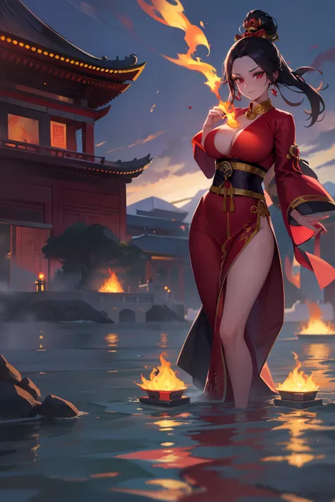 princess azula, evening, sunset, looking at viewer, cleavage, red satin robes, clothed bathing, girl floating above the water, palace, temple, fire, lava, red glowing, smug face (NSFW)