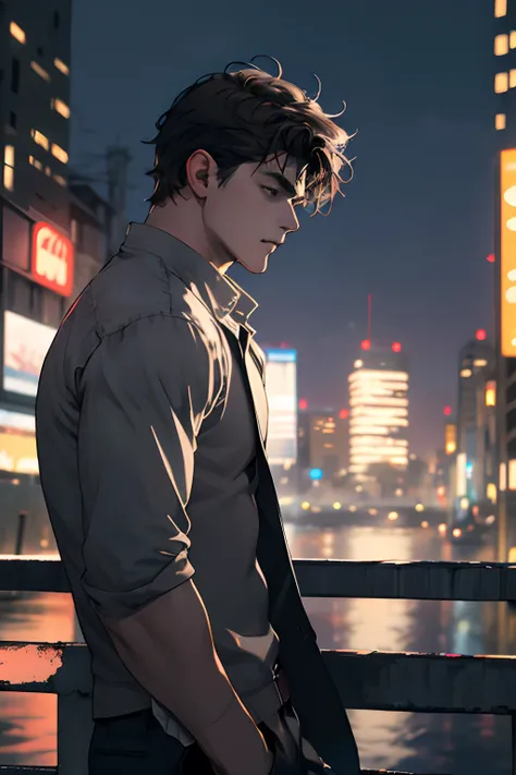 1man,masterpiece,best quality, ultra high res, dusk,cityscape,depth of field, short black messy hair, solo male