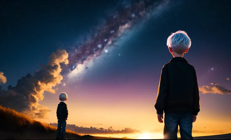 with short white hair，The back of the little boy，starryskybackground