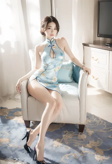 ((​masterpiece:1.5))、((The ultra -The high-definition:1.5)、((An ultra-high picture quality:1.5))、((Photorealsitic:1.5))、((NSFW:1.2))、absurderes、Woman in blue floral cheongsam sitting on chair in room、((See-through cheongsam))、(16 year old girl in thin cheo...