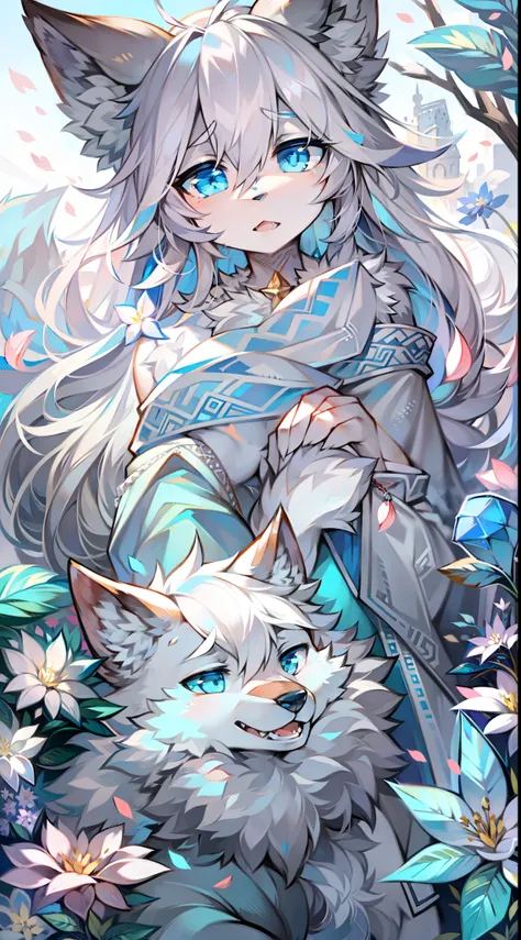 A sea of snowy flowers，Big-tailed wolf，blue color eyes，grey long hair，