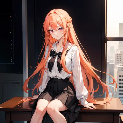 Long light orange hair，Pink eyes，hair adornments，White lining，black cloaths，a black pleated skirt，Amused，Outside the classroom is the starry sky，sitting in classroom