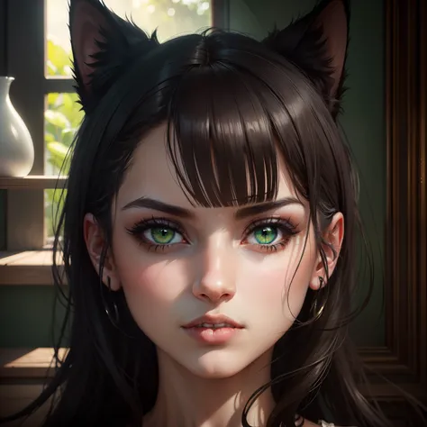 Black cat, green eyes, hiperrealista, obra maestra, HD, 4k