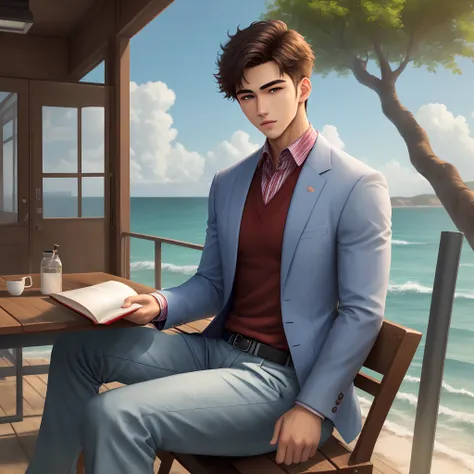 A handsome male college student pursues perfection，Sit at home and learn English Level 4，They hold a book in one hand，One finger to the sky，A sea of memories in the mind