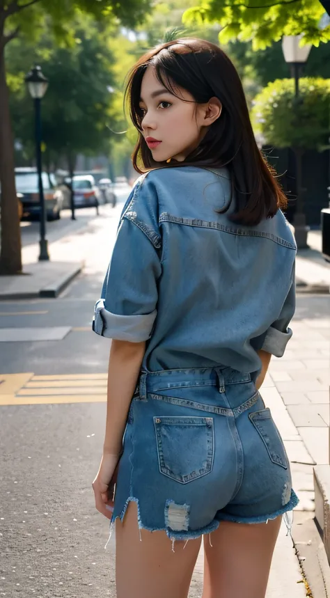 1girll, ass suport, park, Denim shorts,, Masterpiece, Best quality, Highly detailed