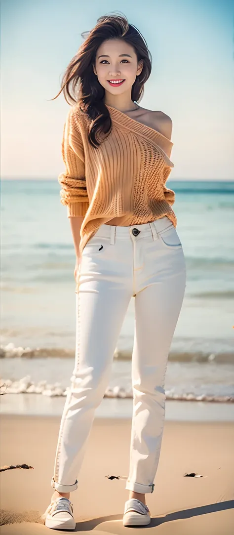 Woman in jeans on the beach，Dancing sexy，Full body shooting:1.8（RAW photogr，超高分辨率，tmasterpiece，best qualtiy：1.4），Complicated details， 20 year old Asian girl，Wear a skinny sweater and stylish jeans，Super realistic detailed costume details:1.2，Detailed beach...