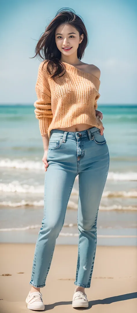 Woman in jeans on the beach，Dancing sexy，Full body shooting:1.8（RAW photogr，超高分辨率，tmasterpiece，best qualtiy：1.4），Complicated details， 20 year old Asian girl，Wear a skinny sweater and stylish jeans，Super realistic detailed costume details:1.2，Detailed beach...