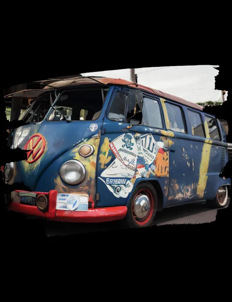 Theres an old blue van van with a surfboard on the roof parked in a parking lot, Carrinha, microbus, vw bus on a street, Bullies, vw microbus driving, Restomod, dispositivo completo, album, foto de retrato, cool looking, visual vintage, Empenado, van cobra...