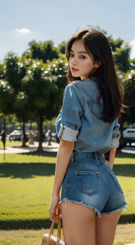 1girll, ass suport, park, Denim shorts,, Masterpiece, Best quality, Highly detailed