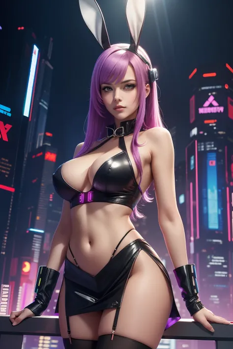 masterpiece, best quality, highres, nm1, cyberpunk playboy bunny, short skirt, rabbit ears, cowboy shot, standing