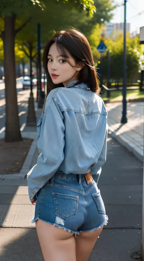 1girll, ass suport, park, Denim shorts,, Masterpiece, Best quality, Highly detailed