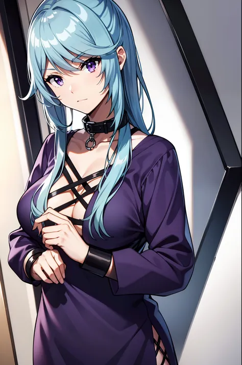 bondage,tied up,collar,leash, azure hair,purple eyes