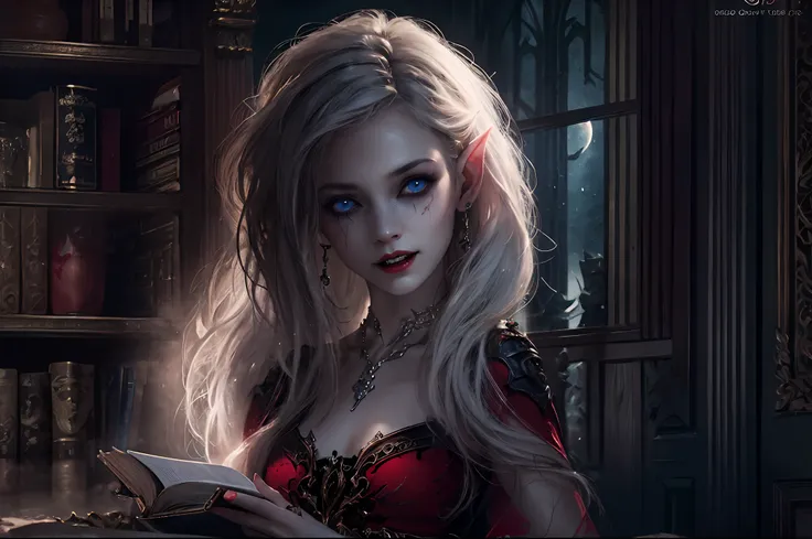 a picture of vampire elf in her castle, an exquisite beautiful female vampire elf in her library,  full body (ultra detailed, ma...