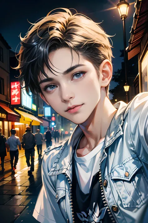 (absurdres, highres, ultra detailed, HDR), masterpiece, best quality, 1boy,12yo, handsome, short hair, finely eye and detailed face, (white t-shirt), (jean jacket), dimple, forehead, night street, night city, midnight, selfie shot, light smile, upper body