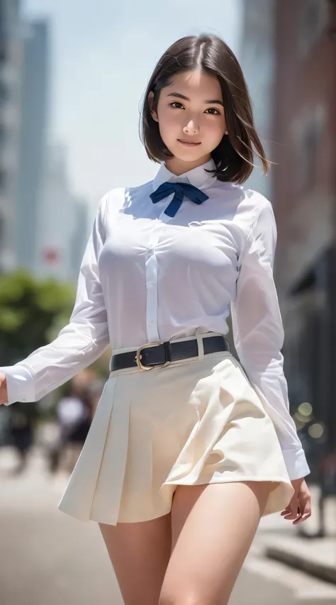 (( 19 year old young girl wear high school uniform costume:1.3)),(Dynamic pose),(skirt floating in the wind), (((Below the waist shot,haunting smile,moist lips,short hair))),
((irises and pupils are rounded,the pupil reflects the surroundings,eyes are not ...