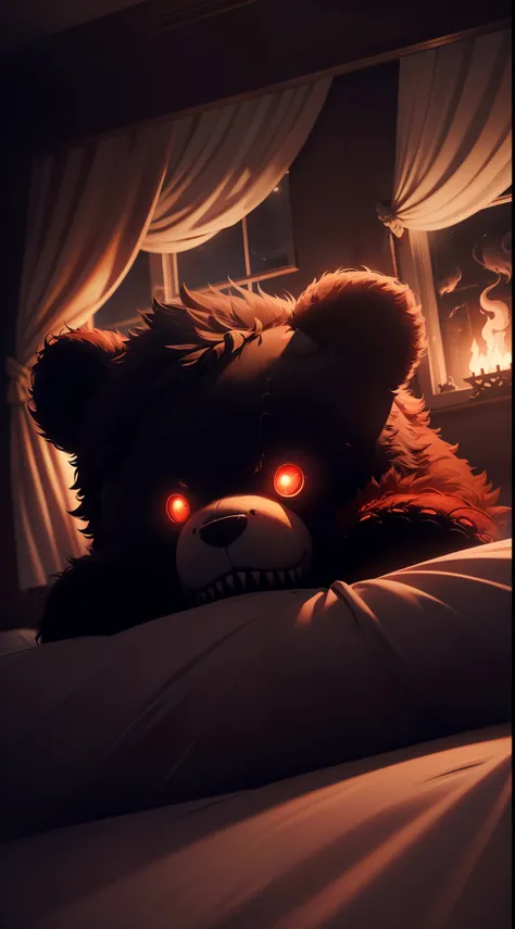 dark bedroom midnight moonlight backlight window (masterpiece:1.2) (illustration:1.2) (best quality) (detailed) (intricate) (8k) (HDR) (wallpaper) (cinematic lighting) (sharp focus) one demonic evil teddy bear with red glowing eyes on the bed thats covered...