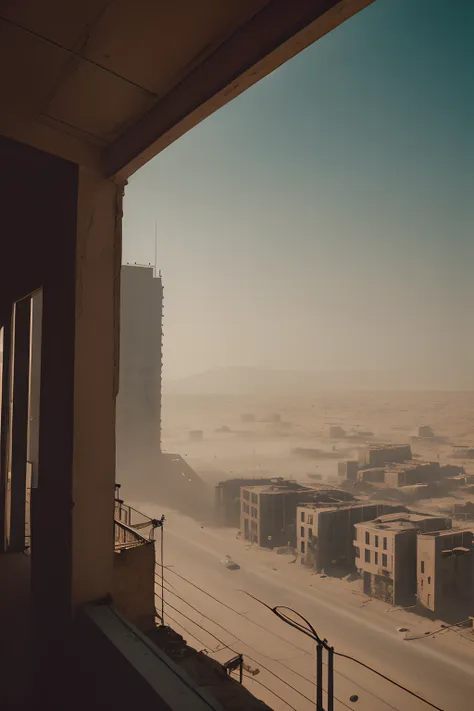 Cinematic film still, retrofuture serbian architecture, desert irradiated postapocalyptic, foggy, (city streets view from balcony:1.2), unreal engine, raytracing, (dust particles:1.1), vertigo, red and orange haze, sandstorm, storm clouds cloudy, the last ...