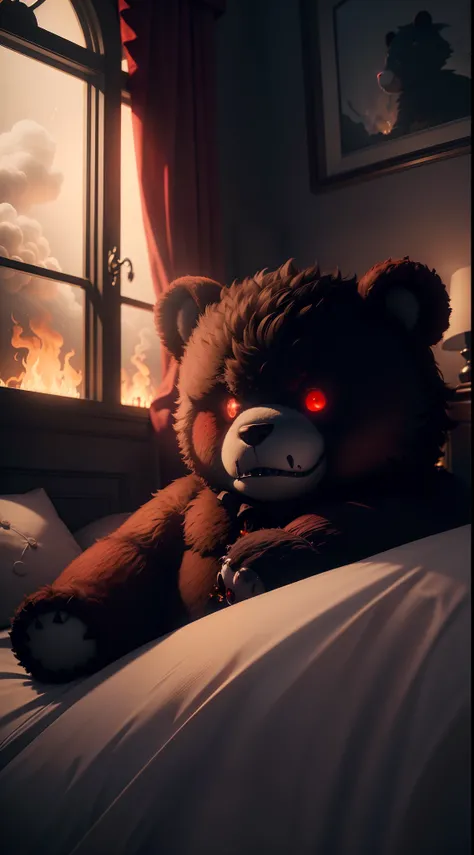 dark bedroom midnight moonlight backlight window (masterpiece:1.2) (illustration:1.2) (best quality) (detailed) (intricate) (8k) (HDR) (wallpaper) (cinematic lighting) (sharp focus) one demonic evil teddy bear with red glowing eyes on the bed thats covered...