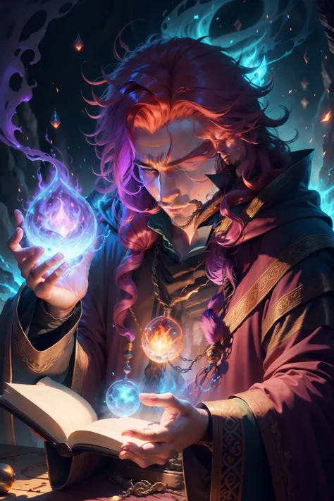 NatureMagic ,magical energy , mana, fantasy, fire spell , wizard, man, gigachad, glowing hair ,