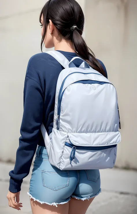 A beautiful woman in shorts and blue sweater is carrying a backpack, shorts nylon, shorts esportivo, Behind Accentuated,  Back from Toned, Propriedade tonificada, uma mochila, mochila, com uma mochila, mochila disco de controle remoto, Cool tonalizado, acc...