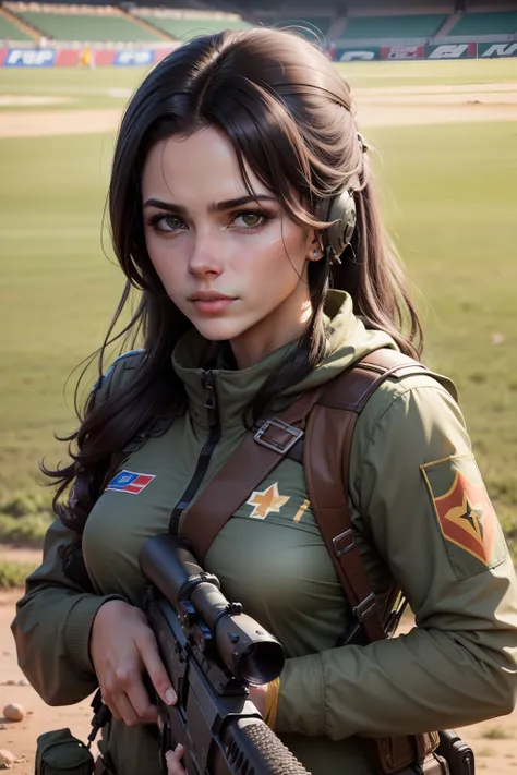 retrato de uma mulher sniper em campo de batalhda