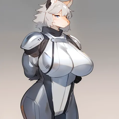 By bebebebebe, by spuydjeks, by buta99, by spikedmauler, solo, standing, female, ((hair, snout)), steel plate chest plate, metal shoulder pads, ((silver spacesuit under armor)), (((muscular))), (((silver))), big breasts