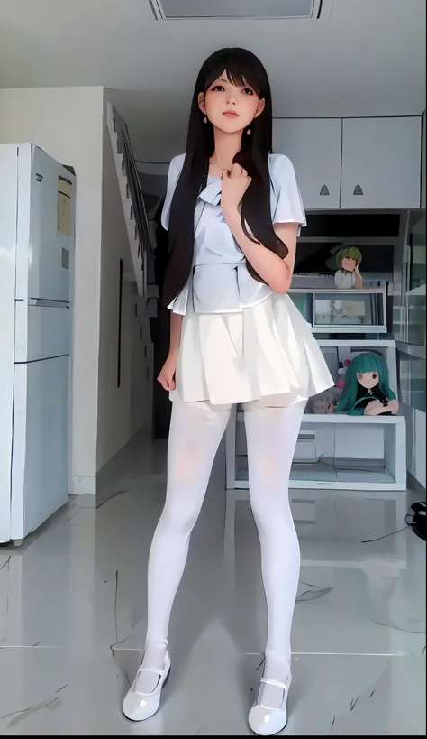 Arakfi girl posing for photo in white dress and white tights, Wearing white tights, wearing white skirt, wearing skirt and high socks, anime barbie in white stockings, white puffy outfit, pretty face with arms and legs, Anime girl cosplay, thighhighs and s...