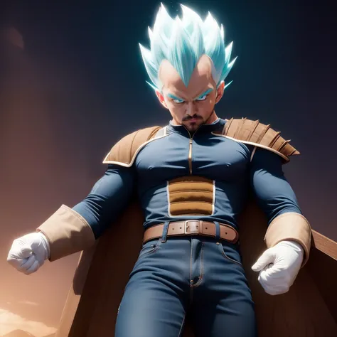 Vegeta Hermosa Barba Ojos Marrones  (obra maestra, mejor calidad: 1.2), Disparo de vaquero, solamente, enfoque masculino, 1 personaje , vegeta, serio, mirando al espectador, black spiked hair, ojos cafe, armadura, guantes blancos imagen de cuerpo completo