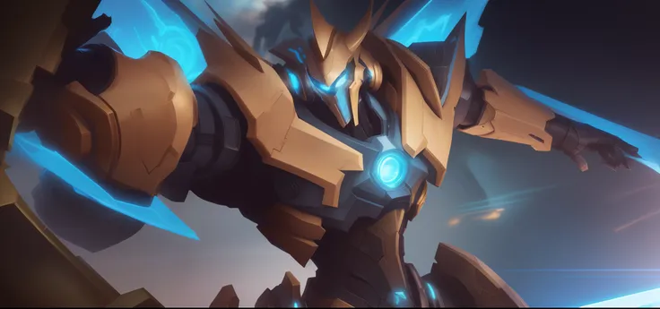 a close up of a robot with a blue light on its face, League of Legends arte splash, Arte conceitual de League of Legends, nasus, paladino de ouro, Arte conceitual do Omegamon, Splash Art Oficial, Estilo de mecha legal, alexandre ferra mecha, Arte Mecha, Ar...