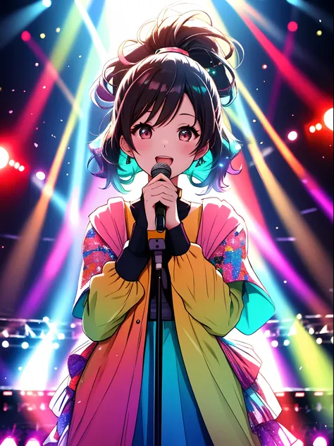 Stage，1 Female singer，Bust photo，holding a mic，Colorful lights，The background is a cheering crowd，Many hands are raised high