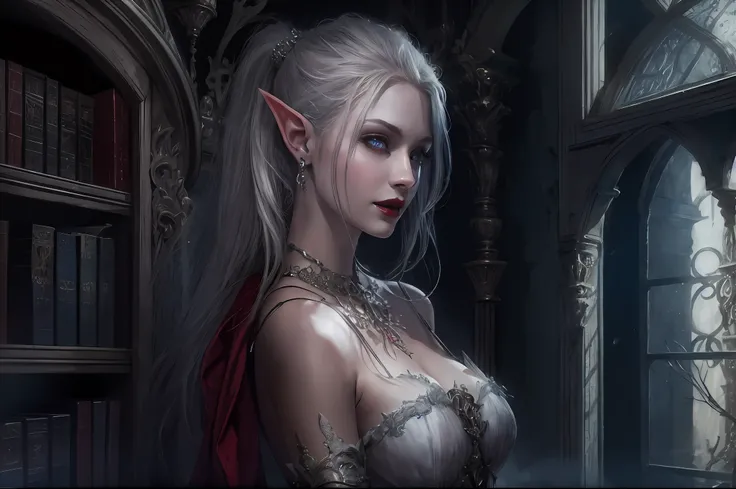 a picture of vampire elf in her castle, an exquisite beautiful female vampire elf in her library,  full body (ultra detailed, Masterpiece, best quality), ultra detailed face (ultra detailed, Masterpiece, best quality), grey skin, blond hair, hair in a pony...