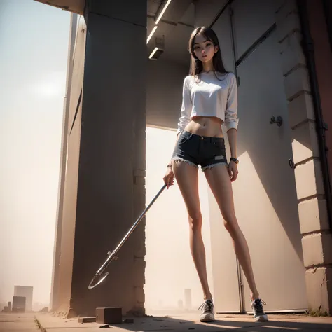 A super beautiful skinny girl with long legs, standing