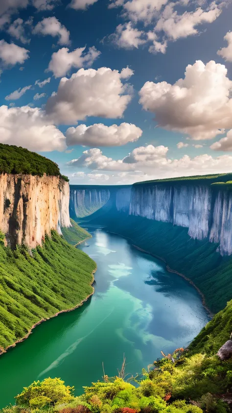 Masterpiece, ultimate quality, Cg unity 8k wallpaper, super delicate, beautiful sky and clouds, rich natural scenery, cliffs, lakes and rivers, waterfalls and flying water, beautiful green mountains, no trace of people, excellent scenery, has already won a...