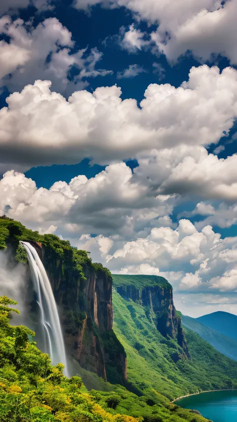 Masterpiece, ultimate quality, Cg unity 8k wallpaper, super delicate, beautiful sky and clouds, rich natural scenery, cliffs, lakes and rivers, waterfalls and flying water, beautiful green mountains, no trace of people, excellent scenery, has already won a...