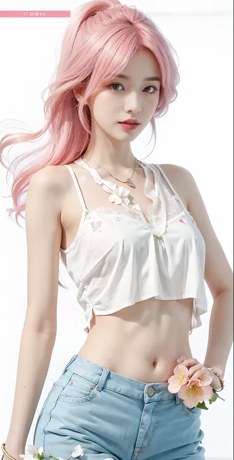 Close-up of a man with pink hair and a white shirt, 2 4 year old female model, photo of slim girl model, Floral camisole with broken flowers，trending on cgstation, Open V chest clothes, Flower butterfly broken flower vest, render of april, White halterneck...