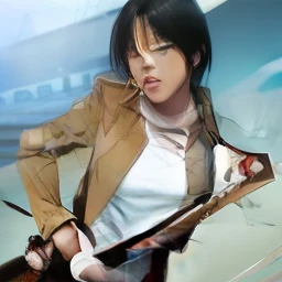 a woman in a brown jacket and white pants holding a gun, mikasa ackerman, from attack on titan, in attack on titan, female protagonist 👀 :8, official art, (attack on titans anime), looking like annie leonhart, female anime character, makoto shinka, fujita ...